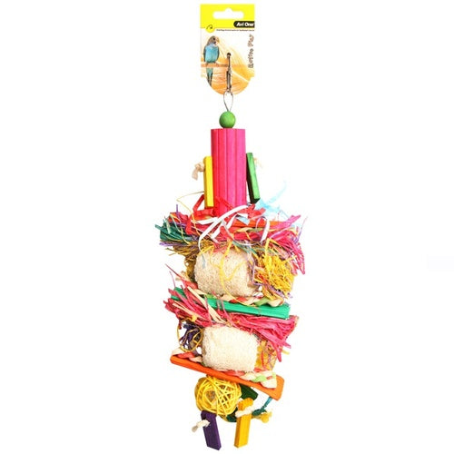 Avi One Bird Toy Loofa Rattan Raffia & Beads