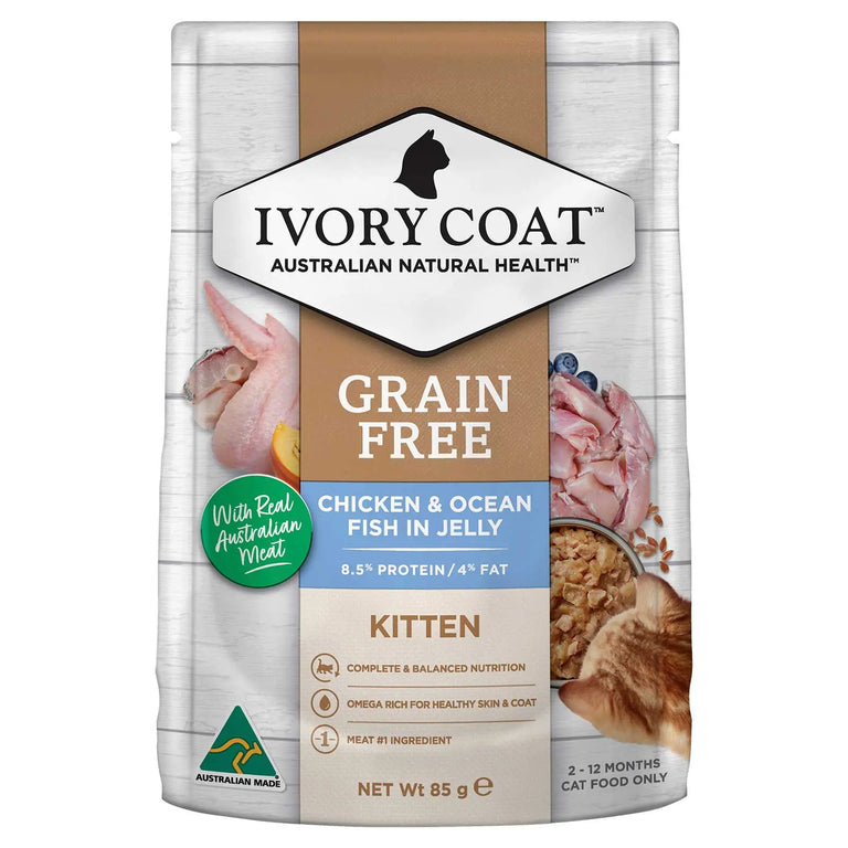 Ivory Coat Cat Food Pouch Kitten Chicken & Ocean Fish in Jelly - Kellyville Pets