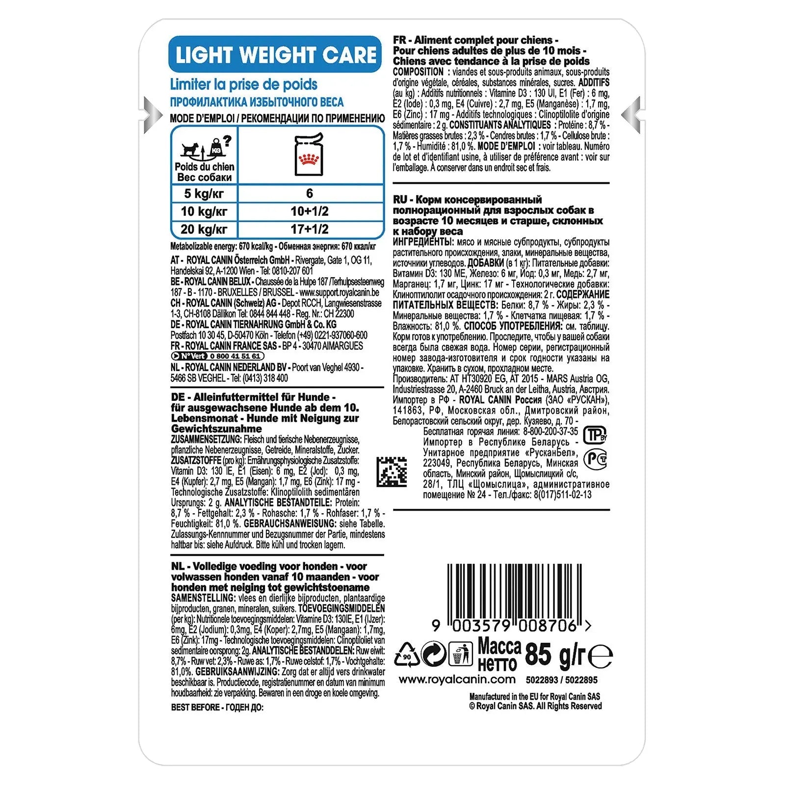 Royal Canin Dog Food Pouch Light Weight Care - Kellyville Pets